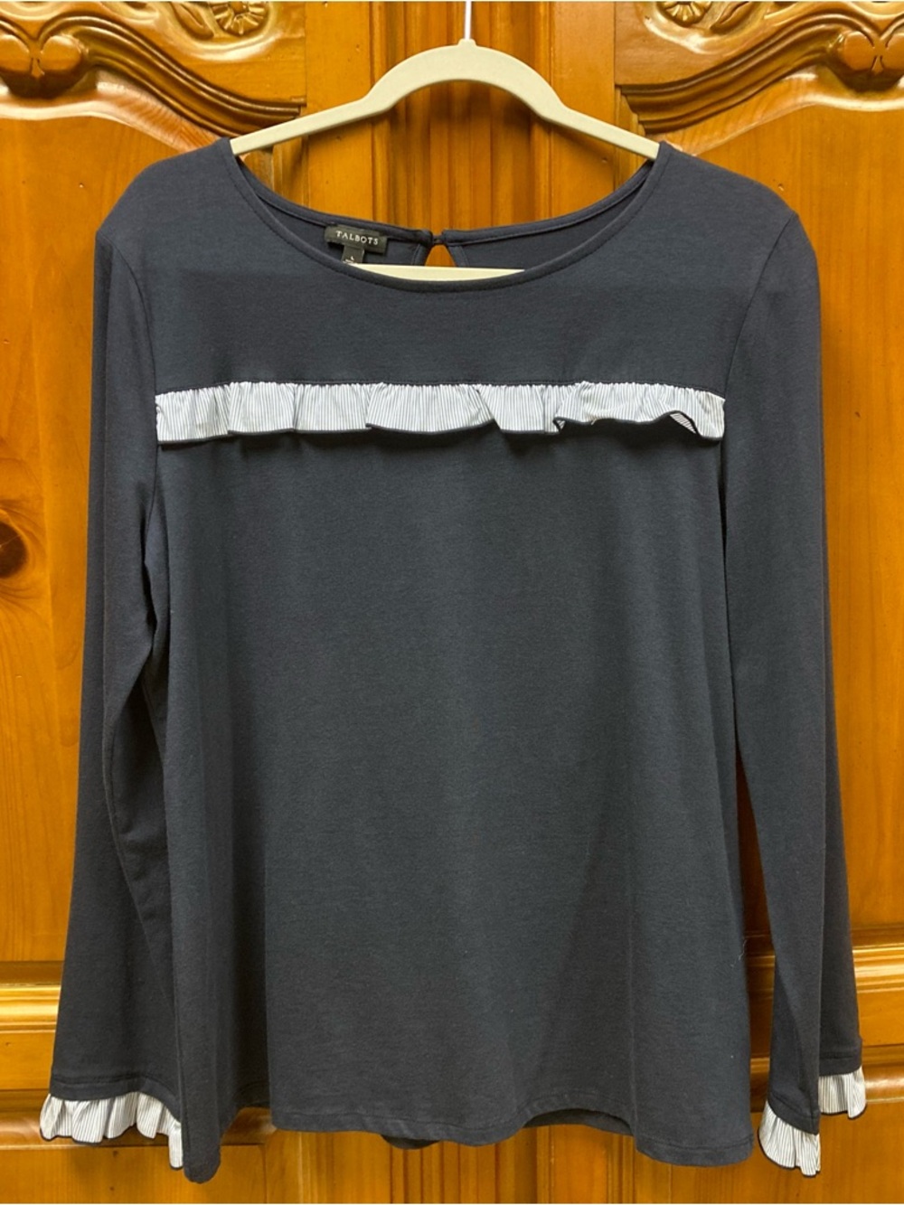 Talbots Navy Ruffle Trim Long Sleeve Top L